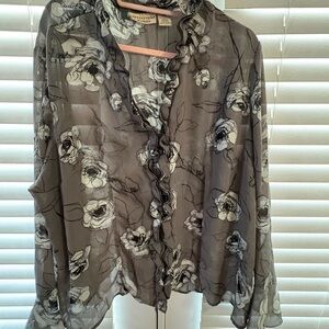 Apostrophe Gray Floral Ruffle Blouse